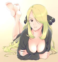 Rule 34 | 00s, 1girl, barefoot, blonde hair, breasts, brown eyes, cleavage, creatures (company), crossed legs, cynthia (pokemon), downblouse, egooo, feet, feet together, feet up, game freak, hair ornament, hair over one eye, highres, large breasts, legs up, long hair, looking at viewer, lying, nintendo, no bra, on stomach, pokemon, pokemon dppt, soles, solo, sweater, the pose, toes