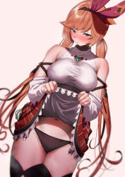 Rule 34 | 1girl, amano don, aqua eyes, bare shoulders, black panties, black thighhighs, blush, breasts, clarisse (granblue fantasy), clarisse (valentine) (granblue fantasy), closed mouth, clothes lift, detached sleeves, granblue fantasy, hair ribbon, highres, large breasts, long hair, looking at viewer, low twintails, navel, orange hair, panties, red skirt, ribbon, shirt, skirt, skirt lift, sleeveless, sleeveless shirt, swept bangs, thighhighs, thighs, twintails, underwear, white shirt