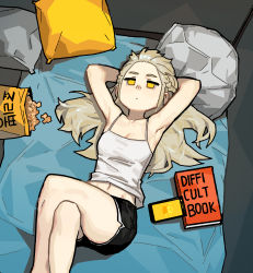 Rule 34 | 1girl, armpits, arms behind back, bare arms, black shorts, blonde hair, book, braid, camisole, cellphone, chips (food), closed mouth, crossed legs, dolphin shorts, english text, feet out of frame, food, french braid, gogalking, hands up, highres, jitome, junior (gogalking), lying, midriff peek, on back, orange eyes, original, phone, pillow, shorts, smartphone, solo, white camisole