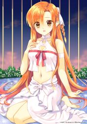 Rule 34 | 10s, 1girl, arm support, asuna (sao), bad id, bad pixiv id, bare shoulders, barefoot, braid, breasts, brown eyes, brown hair, cleavage, crop top, crop top overhang, long hair, looking at viewer, matching hair/eyes, midriff, navel, open mouth, orange eyes, orange hair, parted lips, pointy ears, single braid, sitting, solo, sword art online, titania (sao), tongue, trianon, very long hair, wariza, watermark, web address