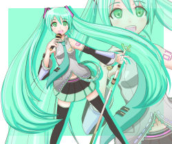 Rule 34 | 1girl, bad id, bad pixiv id, detached sleeves, green eyes, green hair, gudon (iukhzl), hatsune miku, highres, long hair, matching hair/eyes, microphone, microphone stand, navel, necktie, skirt, solo, spring onion, themed object, thighhighs, twintails, very long hair, vocaloid, zoom layer
