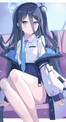 Rule 34 | 1girl, aris (blue archive), bare legs, black hair, blue archive, blue eyes, blue skirt, collared shirt, hair between eyes, halo, high-waist skirt, highres, jacket, long hair, long sleeves, looking at viewer, miniskirt, necktie, off shoulder, one side up, open clothes, open jacket, puffy sleeves, rectangular halo, serika, shirt, sitting, skirt, smile, solo, thighs, white jacket, white shirt