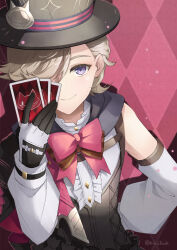Rule 34 | 1boy, argyle, argyle background, argyle clothes, arm behind back, black corset, black gloves, black hat, blonde hair, bow, bowtie, card, center frills, closed mouth, commentary, corset, detached sleeves, frilled shirt, frills, genshin impact, gloves, hair behind ear, hair over one eye, hand up, hat, highres, holding, holding card, hood, hood down, hooded shirt, kinatsu k, long sleeves, looking at viewer, lyney (genshin impact), male focus, one eye covered, pink bow, pink bowtie, playing card, purple eyes, red background, shirt, short hair, sidelocks, signature, simple background, smile, solo, top hat, upper body, white shirt, white sleeves