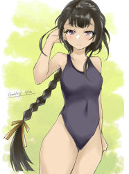 Rule 34 | 1girl, artist name, black eyes, black hair, black one-piece swimsuit, braid, brown hair, competition swimsuit, covered navel, cowboy shot, gakky, gradient hair, kantai collection, long hair, looking at viewer, multicolored hair, one-hour drawing challenge, one-piece swimsuit, single braid, solo, standing, swimsuit, yamashio maru (kancolle)