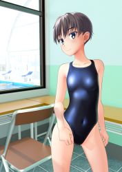 Rule 34 | 1girl, absurdres, black one-piece swimsuit, blue eyes, breasts, chair, commentary request, competition swimsuit, cowboy shot, folding chair, grey hair, highleg, highleg swimsuit, highres, one-piece swimsuit, original, short hair, small breasts, solo, standing, swimsuit, table, takafumi, window