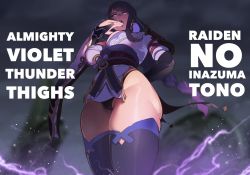 Rule 34 | 1girl, breasts, cleavage, english text, facing viewer, from below, genshin impact, glowing, glowing eyes, highres, large breasts, looking at viewer, looking down, nyantcha, raiden shogun, solo, tagme, thick thighs, thighhighs, thighs