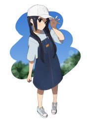 Rule 34 | 1girl, absurdres, baseball cap, black hair, blue dress, blue shirt, brown eyes, closed mouth, commentary request, denim dress, dress, full body, hair over shoulder, hand on headwear, hand up, hat, highres, k-on!, kicchi (tmgk), lens flare, light blush, long hair, looking at viewer, nakano azusa, shirt, short sleeves, solo, standing, suspenders, two-tone footwear, white background, white hat