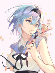 Rule 34 | 1girl, absurdres, alternate costume, bare shoulders, black hairband, black ribbon, blue hair, branch, collared shirt, eula (genshin impact), falling petals, floating hair, genshin impact, hair between eyes, hairband, highres, looking at viewer, medium hair, multicolored eyes, oriori 0201, parted bangs, parted lips, petals, ribbon, shirt, sidelocks, simple background, sleeveless, sleeveless shirt, solo, upper body, white background, white shirt