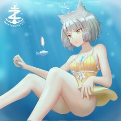 Rule 34 | 1girl, artist name, between breasts, breasts, chest jewel, cleavage, female focus, fishing hook, fishing line, highres, nia (fancy sundress) (xenoblade), nia (xenoblade), one-piece swimsuit, pout, short hair, small breasts, solo, swimsuit, underwater, xenoblade chronicles (series), xenoblade chronicles 2, zambonito