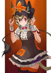 Rule 34 | 1girl, animal ear fluff, animal ears, brown eyes, commentary, cowboy shot, degu (kemono friends), dress, ears through headwear, frilled dress, frills, hair between eyes, halloween costume, hat, hat ribbon, highres, kemono friends, looking at viewer, orange background, orange ribbon, puffy short sleeves, puffy sleeves, ribbon, short hair, short sleeves, simple background, solo, striped clothes, striped thighhighs, tail, tanabe (fueisei), tearing up, thighhighs, wavy mouth, wrist cuffs