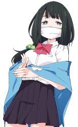 Rule 34 | 1girl, absurdres, black hair, black skirt, blanket, bow, bowtie, commission, gridman universe, hair ornament, hair scrunchie, hassu, highres, ixy, long hair, looking at viewer, low-tied long hair, mask, mouth mask, own hands together, pleated skirt, purple eyes, red bow, red bowtie, school uniform, scrunchie, short sleeves, skeb commission, skirt, solo, ssss.gridman, surgical mask, white background