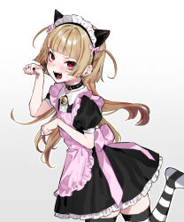 Rule 34 | 1girl, animal ears, apron, bell, black collar, black dress, black nails, black thighhighs, blonde hair, blunt bangs, blush, buttons, collar, cowboy shot, dress, ear chain, fake animal ears, fangs, flat chest, frilled dress, frills, hair ribbon, highres, jewelry, long hair, looking at viewer, maid, maid apron, maid headdress, multicolored hair, neck bell, nikubou maranoshin, open mouth, original, paw pose, pink apron, pink ribbon, puffy short sleeves, puffy sleeves, red eyes, red hair, ribbon, ring, short sleeves, sidelocks, simple background, skindentation, slit pupils, standing, standing on one leg, streaked hair, striped clothes, striped thighhighs, sweatdrop, thighhighs, two-tone hair, white background, white thighhighs, zettai ryouiki