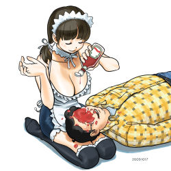 Rule 34 | apron, belt, black hair, black thighhighs, blush, breasts, choker, cleavage, closed eyes, covered erect nipples, glasses, hairband, highres, ketchup, kiharatotsunori, kneeling, lap pillow, large breasts, lying, maid, maid apron, on back, plaid, ribbon, short twintails, sitting, smile, thighhighs, twintails, what, zettai ryouiki