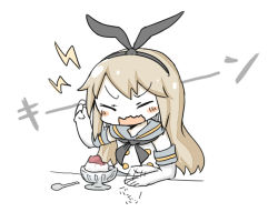 Rule 34 | 10s, 1girl, bad id, bad pixiv id, blonde hair, brain freeze, closed mouth, crop top, crop top overhang, food, hairband, kantai collection, long hair, neckerchief, open mouth, school uniform, serafuku, shaved ice, shimakaze (kancolle), simple background, solo, spoon, wavy mouth, white background, yuasan