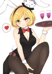 Rule 34 | 1girl, animal ears, black leotard, black thighhighs, blonde hair, bow, bowtie, breasts, champagne flute, cleavage, commentary, cup, detached collar, dice, drinking glass, english commentary, fake animal ears, fake tail, genderswap, genderswap (otf), hand on own thigh, heart, highres, holding, holding tray, len&#039;en, leotard, looking at viewer, medium breasts, ougi hina, playboy bunny, rabbit ears, rabbit tail, red bow, red bowtie, short hair, simple background, sitting, smile, solo, spoken heart, tail, thighhighs, tray, white background, xeno a, yellow eyes