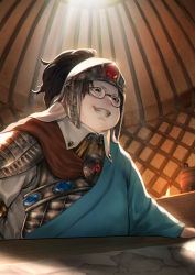 Rule 34 | 1boy, armor, black eyes, blue gemstone, blue hair, body armor, candle, chinese armor, chinese clothes, collared shirt, commentary request, evil grin, evil smile, fate/grand order, fate (series), gem, glasses, grin, han xin (fate), helmet, highres, indoors, jewelry, male focus, map, mugetsu2501, red gemstone, shirt, short hair, smile, solo