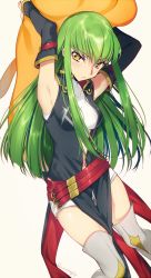 Rule 34 | 1girl, armpits, arms up, belt, boots, breasts, c.c., cheese-kun, code geass, creayus, detached sleeves, green hair, long hair, looking at viewer, medium breasts, shorts, simple background, solo, thigh boots, thighhighs, twitter username, white background, white footwear, white thighhighs, yellow eyes