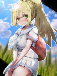 Rule 34 | 1girl, alternate breast size, backpack, bag, between legs, blonde hair, blue sky, blunt bangs, blurry, blurry background, blush, braid, breasts, clenched teeth, cloud, collarbone, cowboy shot, creatures (company), day, dutch angle, female focus, flying sweatdrops, french braid, game freak, green eyes, half-closed eyes, hand between legs, have to pee, highres, large breasts, lillie (pokemon), long hair, looking at viewer, miniskirt, misahiro, nintendo, outdoors, outline, own hands together, pleated skirt, pokemon, pokemon sm, ponytail, shirt, short sleeves, sidelocks, skirt, sky, solo, standing, sweat, teeth, tree, v arms, white outline, white shirt, white skirt
