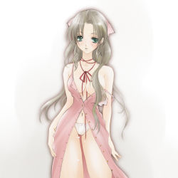 Rule 34 | 1girl, aerith gainsborough, bare arms, blush, breasts, brown hair, cleavage, dress, final fantasy, final fantasy vii, green eyes, hair ribbon, jewelry, long hair, medium breasts, navel, necklace, open clothes, open dress, panties, parted bangs, pink dress, pink ribbon, ponytail, poyon, ribbon, sidelocks, solo, square enix, standing, underwear, upper body, wavy hair, white panties