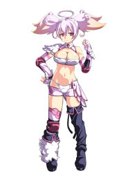 Rule 34 | 1girl, ahoge, asymmetrical clothes, blonde hair, boots, breasts, cleavage, elbow gloves, fingerless gloves, full body, gloves, gradient hair, hand on own hip, knee pads, large breasts, midriff, multicolored hair, navel, panties, pink hair, red eyes, short shorts, short twintails, shorts, single thighhigh, smile, solo, standing, tasaka shinnosuke, thigh boots, thighhighs, twintails, two-tone hair, underwear, white background