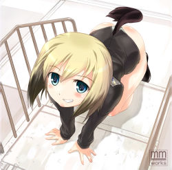 Rule 34 | 00s, 1girl, all fours, blonde hair, blue eyes, blush, erica hartmann, grin, juusensha koubou, multicolored hair, panties, short hair, smile, solo, stairs, strike witches, tail, two-tone hair, underwear, world witches series