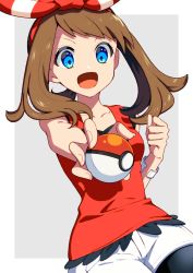 Rule 34 | 1girl, :d, bad id, bad pixiv id, black pantyhose, blue eyes, bow, bracelet, breasts, brown hair, collarbone, cowboy shot, creatures (company), game freak, grey background, hair bow, hairband, highres, holding, holding poke ball, jewelry, long hair, may (pokemon), nintendo, open mouth, pantyhose, pantyhose under shorts, poke ball, poke ball (basic), pokemon, pokemon oras, red hairband, red shirt, shirt, short shorts, shorts, sleeveless, sleeveless shirt, small breasts, smile, solo, striped, striped bow, swept bangs, two-tone background, white background, white shorts, yuihico