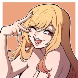 1girl blonde_hair border breasts commentary eyelashes highres kinkymation kitagawa_marin large_breasts long_hair one_eye_closed open_mouth orange_background outside_border red_eyes simple_background smile solo sono_bisque_doll_wa_koi_wo_suru teeth upper_body white_border