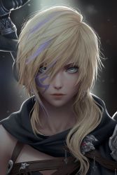 Rule 34 | 1girl, absurdres, artist name, blonde hair, chuby mi, dragoon (final fantasy), earrings, facial tattoo, final fantasy, final fantasy xiv, hair over one eye, hair over shoulder, heterochromia, highres, hyur, jewelry, lips, long hair, looking at viewer, multicolored hair, portrait, realistic, revision, simple background, solo, swept bangs, tattoo, two-tone hair