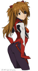 Rule 34 | 10s, 1girl, ass, baba arumi, blue eyes, bodysuit, breasts, brown hair, evangelion: 3.0 you can (not) redo, eyepatch, long hair, looking at viewer, looking back, neon genesis evangelion, plugsuit, rebuild of evangelion, red bodysuit, simple background, small breasts, smile, solo, souryuu asuka langley, very long hair, white background
