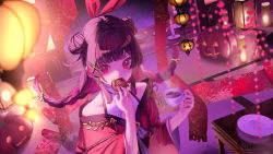 Rule 34 | 1girl, braid, brown hair, candle, character request, commentary request, cookie, cup, double bun, fire, food, girls&#039; frontline, hair bun, hands up, highres, holding, holding cup, holding food, jack-o&#039;-lantern, japanese clothes, kimono, long hair, long sleeves, looking at viewer, nail polish, off shoulder, original, plate, purple nails, red eyes, red kimono, saraki, shirt, signature, sleeveless, sleeveless shirt, solo, steam, table, twin braids, twintails, upper body, white shirt, wide sleeves