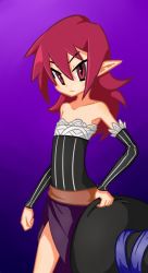 Rule 34 | 1girl, cosplay, disgaea, dragon&#039;s crown, etna (disgaea), female focus, flat chest, gradient background, hat, looking at viewer, nyanlathotep, pointy ears, red eyes, red hair, skirt, solo, witch hat