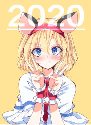 Rule 34 | 1girl, 2020, alice margatroid, animal ears, blonde hair, blue eyes, blush, capelet, commentary request, double v, fake animal ears, hair between eyes, hairband, hands up, highres, ichimura kanata, looking at viewer, mouse ears, red hairband, short hair, simple background, solo, touhou, upper body, v, white capelet, wrist cuffs, yellow background