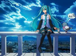 Rule 34 | 1girl, aqua eyes, aqua hair, aqua necktie, bird, black skirt, boots, can, city, cityscape, closed mouth, cloud, cloudy sky, detached sleeves, drink, drink can, fence, hair between eyes, hair ornament, hatsune miku, highres, imagining, kotatsumuri (yaugau), long hair, necktie, on fence, outdoors, shadow, sitting on fence, skirt, sky, sleeveless, smile, soda can, thigh boots, twintails, very long hair, vocaloid