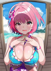 Rule 34 | 1girl, absurdres, ahoge, artist name, bangle, bare shoulders, beach, between breasts, bikini, blue bikini, blue hair, blue sky, blurry, blurry background, bracelet, breasts, cleavage, commentary, day, fanny pack, flower, frilled bikini, frills, furrowed brow, green nails, hair flower, hair intakes, hair ornament, hands up, highres, idolmaster, idolmaster cinderella girls, jewelry, large breasts, looking at viewer, mitche, multicolored hair, nail polish, ocean, open mouth, pink eyes, pink hair, short hair, sky, solo, strap between breasts, swimsuit, tearing up, two-tone hair, upper body, water, wavy mouth, wooden wall, wristband, yumemi riamu