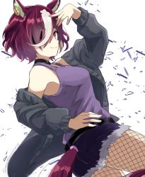 Rule 34 | 1girl, animal ears, black choker, black shorts, choker, commentary, eyepatch, from behind, hair over one eye, highres, horse ears, horse girl, horse tail, multicolored hair, off shoulder, purple hair, purple tank top, sangria (sangria69), short hair, short shorts, shorts, smile, solo, tail, tanino gimlet (umamusume), tank top, umamusume, white hair, yellow eyes