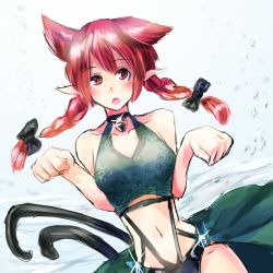 Rule 34 | 1girl, :o, adapted costume, animal ears, bell, braid, cat ears, cat tail, clenched hand, clenched hands, collar, extra ears, fang, glint, kaenbyou rin, long hair, multiple tails, neck bell, open mouth, paw pose, pointy ears, red eyes, red hair, solo, tail, teruteru12, touhou, twin braids