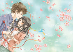 Rule 34 | 1boy, 1girl, black hair, blue eyes, blue ribbon, blush, braid, brown eyes, brown hair, commentary request, couple, eye contact, flower, french braid, hair ribbon, hand on another&#039;s hip, hetero, holding hands, kimi no na wa., long hair, looking at another, miyamizu mitsuha, multicolored ribbon, aged up, orange ribbon, red ribbon, ribbon, shino (mauve462), smile, tachibana taki