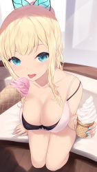 Rule 34 | 1girl, bare shoulders, black bra, blonde hair, blue eyes, blue nails, boku wa tomodachi ga sukunai, bra, breasts, butterfly hair ornament, cait aron, camisole, cleavage, collarbone, commentary, food, foreshortening, hair ornament, high ponytail, highres, holding, holding food, ice cream, ice cream cone, indoors, kashiwazaki sena, large breasts, looking at viewer, nail polish, sitting, strap slip, thighs, tongue, tongue out, underwear, wooden floor