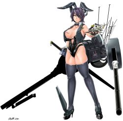 Rule 34 | 1girl, aircraft, animal ears, artist request, bad id, bad twitter id, black bow, black bowtie, blouse, body writing, bow, bowtie, breasts, cleavage, detached collar, eyepatch, fake animal ears, grey thighhighs, headgear, helicopter, high heels, highres, kantai collection, large breasts, leotard, looking at viewer, mi-24, playboy bunny, rigging, saizu nitou gunsou, shirt, simple background, skindentation, sleeveless, sleeveless shirt, solo, sword, tagme, tenryuu (kancolle), thighhighs, thighs, turret, weapon, white background, yellow eyes