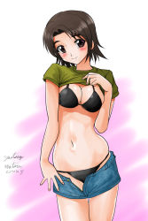 Rule 34 | 10s, 1girl, artist name, bikini, black bikini, blue skirt, breasts, brown eyes, brown hair, casual, cleavage, closed mouth, clothes lift, clothes pull, commentary, cowboy shot, denim, denim skirt, girls und panzer, light smile, looking at viewer, matsui yasutsugu, medium breasts, navel, open clothes, open skirt, parted bangs, sawa azusa, shirt, shirt lift, short hair, short sleeves, signature, skirt, skirt pull, solo, standing, swimsuit, t-shirt, undressing, unzipped