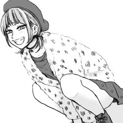 Rule 34 | 1boy, ankle boots, asymmetrical bangs, beret, boots, cardigan, choker, crossdressing, greyscale, grin, hat, looking at viewer, low twintails, male focus, monochrome, original, short twintails, smile, solo, squatting, tomo (yuki touko), trap, twintails, yuki touko