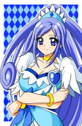 Rule 34 | 1girl, alternate breast size, argyle, argyle background, argyle clothes, blue background, blue dress, blue eyes, blue hair, border, bracelet, breasts, brooch, choker, cleavage, cowboy shot, crossed arms, crystal earrings, cure diamond, dokidoki! precure, dress, earrings, hairband, heart, heart brooch, highres, hishikawa rikka, jewelry, large breasts, looking at viewer, magical girl, precure, sash, short sleeves, smile, solo, tatsumi kyouhei, white border, yellow choker