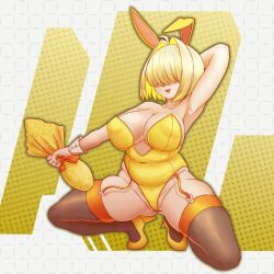 Rule 34 | 1girl, alternate costume, animal ears, arm up, armpits, blonde hair, breasts, cleavage, covered eyes, covered navel, elegg (nikke), falcon (burbdoodles), garter straps, gluteal fold, goddess of victory: nikke, hair intakes, high heels, highres, huge breasts, leotard, long bangs, looking at viewer, playboy bunny, plump, purple eyes, rabbit ears, smile, solo, squatting, thighhighs