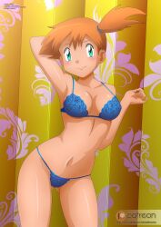 Rule 34 | 1girl, arm behind head, arm up, artist name, bare shoulders, blue bra, blue panties, blush, bra, breasts, closed mouth, collarbone, commentary request, creatures (company), game freak, green eyes, hand up, highres, lingerie, looking at viewer, medium breasts, misty (pokemon), navel, nintendo, orange hair, paid reward available, panties, pokemon, pokemon (anime), pokemon (classic anime), ponytail, shiny skin, short hair, side ponytail, simple background, smile, stomach, thighs, underwear, zel-sama