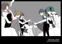 Rule 34 | 2boys, 4girls, bad id, bad pixiv id, card, cigarette, couch, crossed legs, dress, everyone, fishnet pantyhose, fishnets, hatsune miku, holding, holding card, kagamine len, kagamine rin, kaito (vocaloid), komasawa (fmn-ppp), long hair, megurine luka, meiko (vocaloid), multiple boys, multiple girls, nail polish, necktie, pantyhose, short hair, siblings, sitting, smoking, thighhighs, twins, twintails, vocaloid