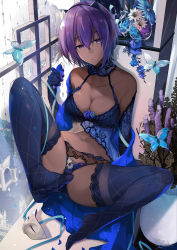 Rule 34 | 1girl, bare shoulders, blue bra, blue butterfly, blue panties, bra, breasts, bug, butterfly, cleavage, dark skin, dark-skinned female, elbow gloves, fate/grand order, fate/prototype, fate/prototype: fragments of blue and silver, fate (series), female focus, flower, gloves, hair between eyes, hassan of serenity (fate), hirai yuzuki, bug, lace, lace-trimmed bra, lace-trimmed legwear, lace-trimmed panties, lace trim, lingerie, looking at viewer, mask, unworn mask, matching hair/eyes, medium breasts, no shoes, panties, purple eyes, purple hair, short hair, solo, thighhighs, underwear