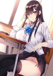 Rule 34 | 1girl, black skirt, black thighhighs, blue eyes, bow, bowtie, breast rest, breasts, breasts on table, brown hair, choker, classroom, clothes lift, commentary request, desk, dutch angle, hair ornament, highres, holding, holding pen, kaerunoashi, large breasts, lifting own clothes, long hair, looking at viewer, original, panties, pantyshot, pen, pleated skirt, purple panties, ribbon-trimmed legwear, ribbon choker, ribbon trim, school desk, shirt, side-tie panties, sitting, skirt, skirt lift, sleeves rolled up, smile, snowflake hair ornament, solo, thighhighs, thighs, underwear, white shirt