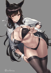 Rule 34 | 1girl, animal ears, atago (azur lane), atago (stunning speedster) (azur lane), azur lane, black bra, black hair, bra, bra lift, breasts, brown eyes, cleavage, commentary request, cuboon, dog ears, grey background, hair ribbon, large breasts, lifting own clothes, long hair, looking at viewer, midriff, mole, mole under eye, navel, race queen, ribbon, simple background, smile, solo, thighhighs, thighs, thong, twitter username, underboob, underwear, very long hair, wrist cuffs