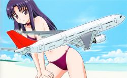 Rule 34 | 1girl, absurdres, airbus, airbus a330, aircraft, airplane, bare shoulders, beach, blue sky, blurry, blurry background, bow, bow panties, bra, breasts, choker, cleavage, closed mouth, cloud, collarbone, day, hands on own thighs, highres, kisaragi sayaka, leaning forward, long hair, looking at viewer, medium breasts, navel, ocean, official art, original, outdoors, panties, parted bangs, purple bow, purple bra, purple eyes, purple hair, purple panties, ribbon, sand, sky, solo, standing, stratos 4, tree, underwear, underwear only, vehicle focus, yamauchi noriyasu