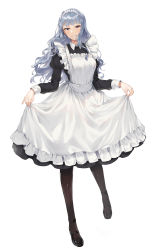 Rule 34 | 1girl, absurdres, alternate costume, ankle strap, apron, black dress, black footwear, breasts, brown pantyhose, collared dress, commentary request, dress, enmaided, frilled apron, frills, full body, grin, highres, idolmaster, idolmaster (classic), juliet sleeves, light blush, long hair, long sleeves, looking at viewer, maid, maid apron, maid headdress, medium breasts, pantyhose, pink eyes, puffy sleeves, shijou takane, shoes, sidelocks, silver hair, simple background, skirt hold, smile, solo, standing, tuxedo de cat, wavy hair, white apron, white background